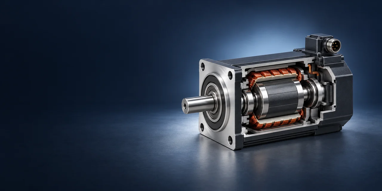 Conceptual cutaway servo motor showing its rotor and copper windings in a dark studio