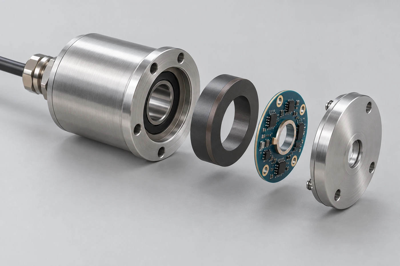 Conceptual magnetic sensor housing, ring magnet and encoder board